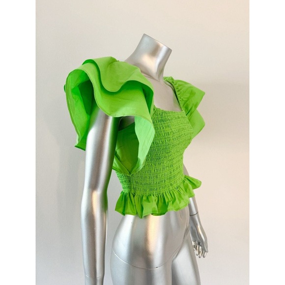 Ramy Brook Crop Top Capri Green Square Neck Yolanda Ruffle Smocked - Picture 2 of 7